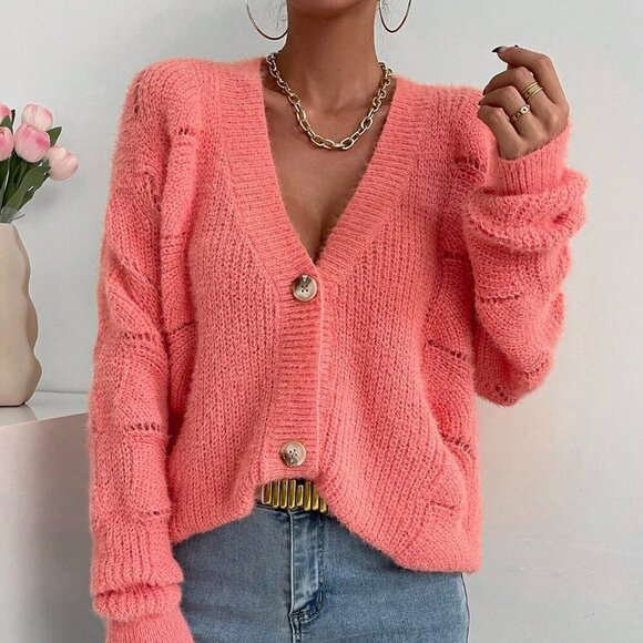 Sweaters - Pink Casual Women's Drop Shoulder Button Front Cardigan